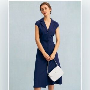 RIHOAS Navy V Neck Button front Cap Sleeve Midi Dress size small